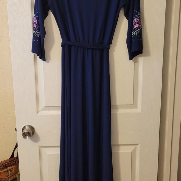 Anthony Original Navy Maxi Dress with Beautiful Sleeve Embroidery Size M - Picture 3 of 10